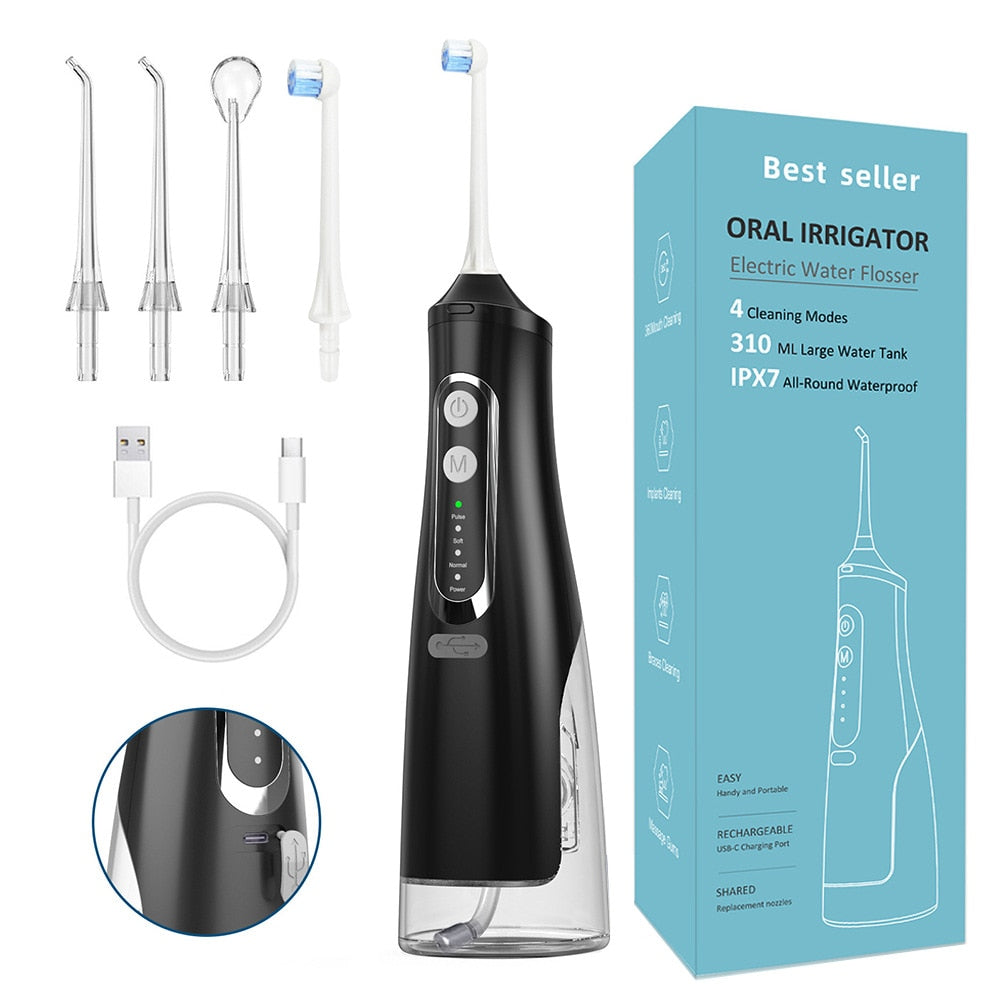 310ml Oral Irrigator Dental Portable Water Flosser with USB charging, showcasing its sleek design and water tank.