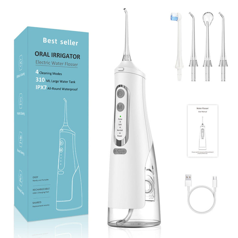 310ml Oral Irrigator Dental Portable Water Flosser with USB charging, showcasing its sleek design and water tank.