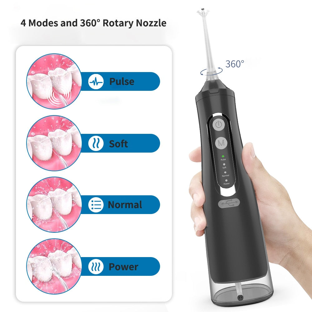 310ml Oral Irrigator Dental Portable Water Flosser with USB charging, showcasing its sleek design and water tank.