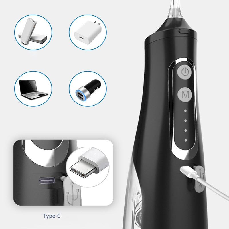 310ml Oral Irrigator Dental Portable Water Flosser with USB charging, showcasing its sleek design and water tank.