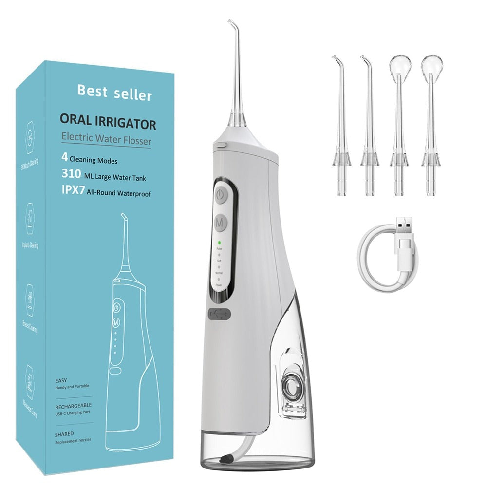 310ml Oral Irrigator Dental Portable Water Flosser with USB charging, showcasing its sleek design and water tank.