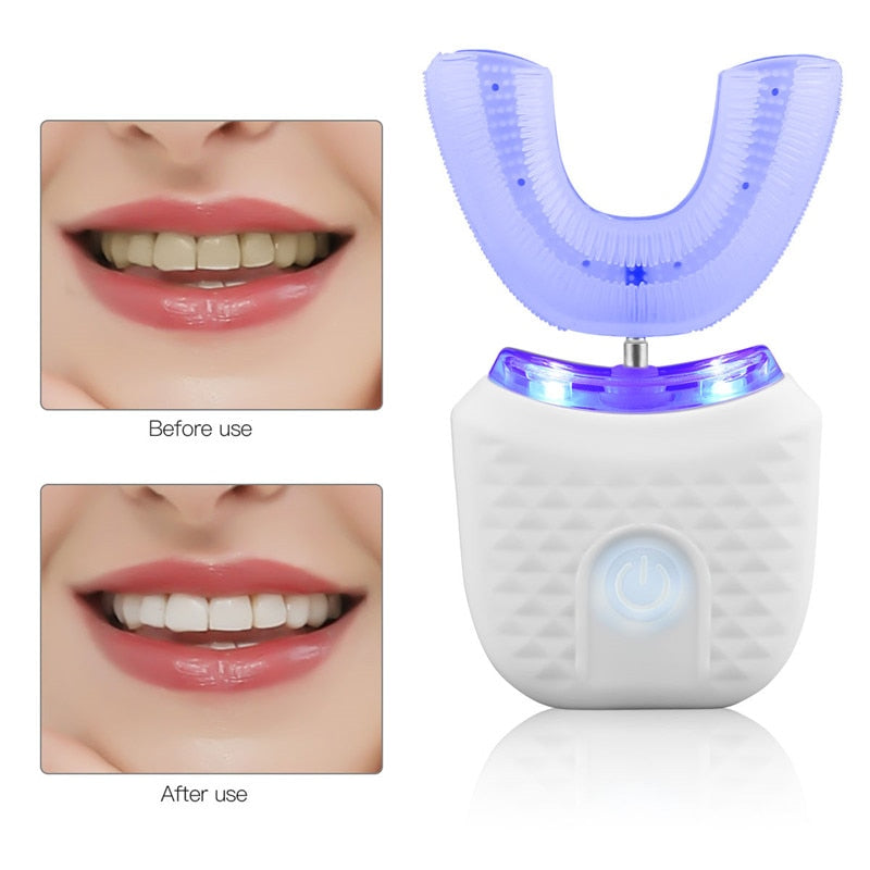 360 Degrees Automatic Electric Toothbrush with blue light whitening technology and U-shaped brush head design.