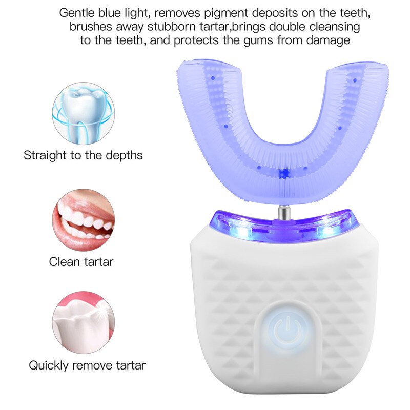 360 Degrees Automatic Electric Toothbrush with blue light whitening technology and U-shaped brush head design.