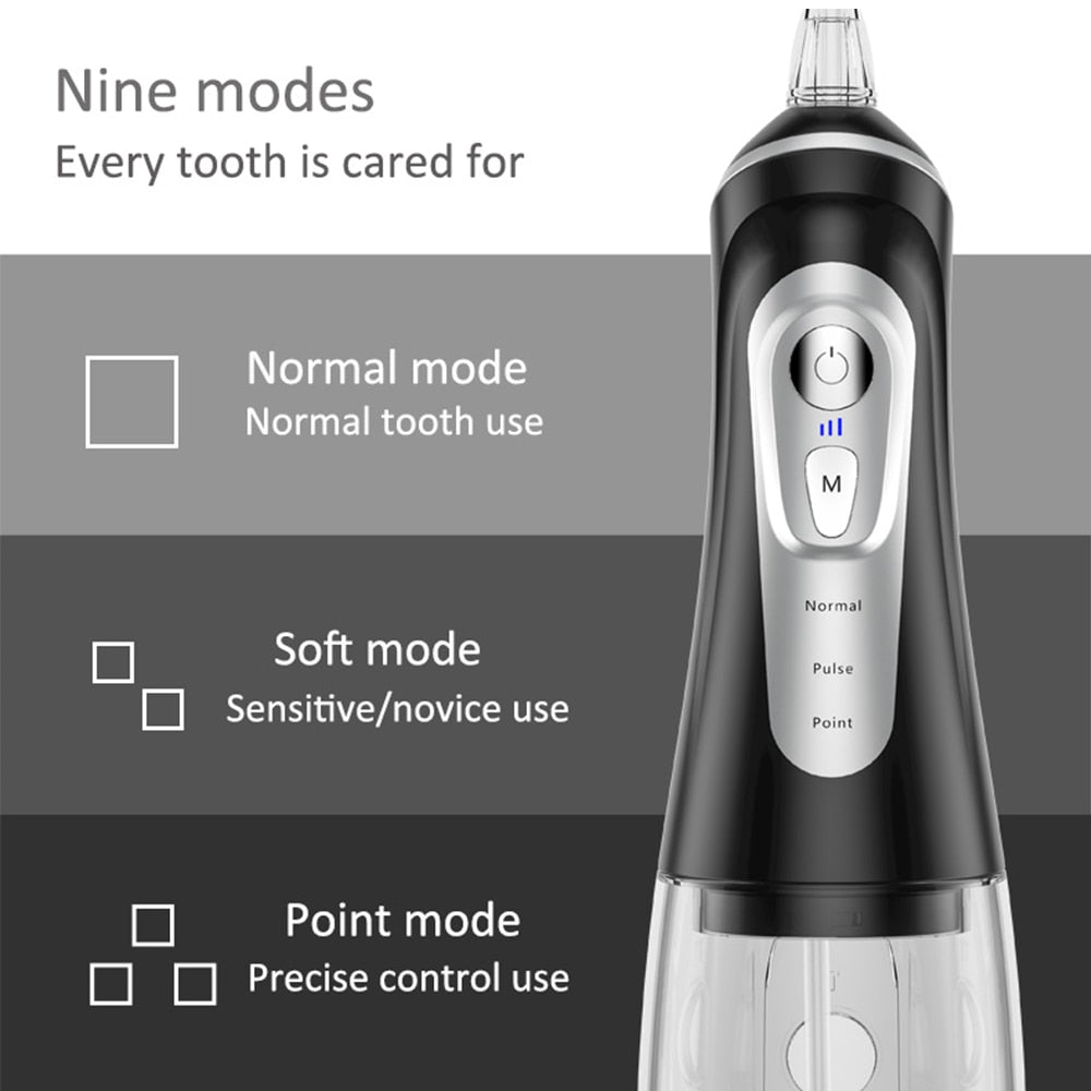 360° Rotation Nozzles Water Flosser with multiple nozzles and a sleek design, ideal for effective dental care.