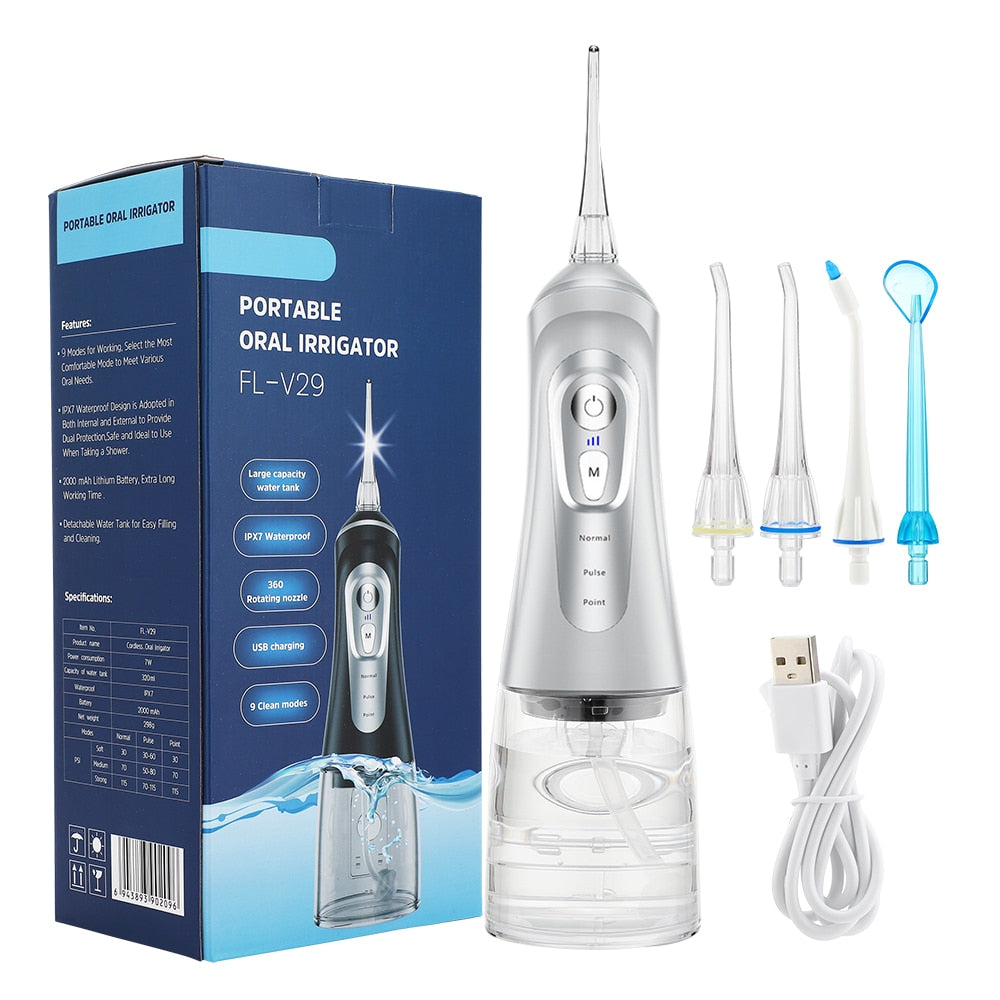 360° Rotation Nozzles Water Flosser with multiple nozzles and a sleek design, ideal for effective dental care.