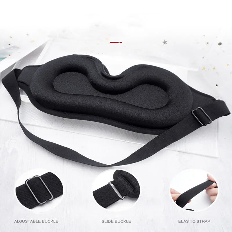 3D Portable Soft Eye Mask in black, designed for comfortable sleep, featuring an ergonomic shape and adjustable strap.