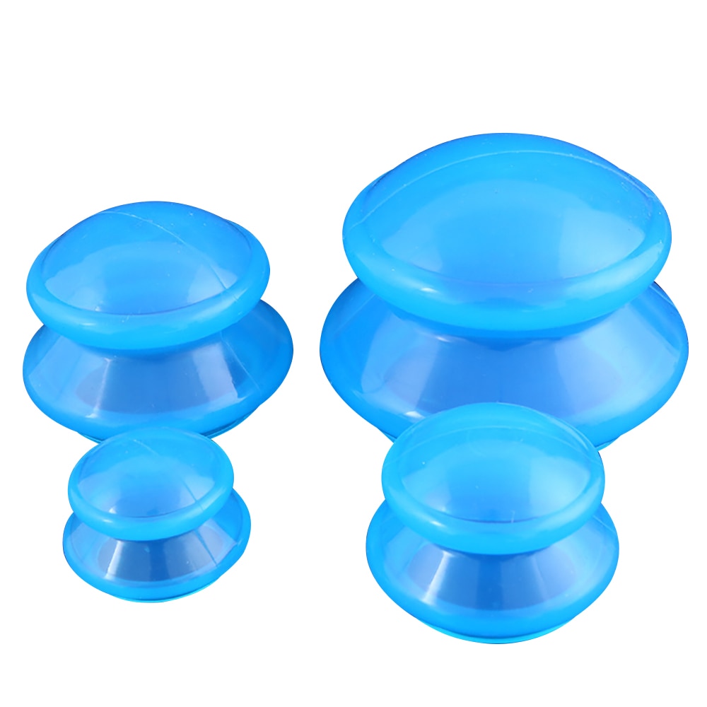 Set of 4 translucent blue vacuum cupping devices made from eco-friendly silicone, designed for full body massage and therapy.