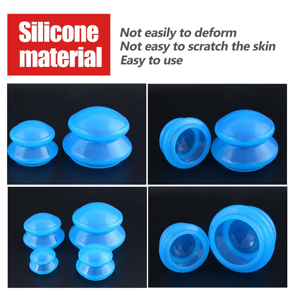 Set of 4 translucent blue vacuum cupping devices made from eco-friendly silicone, designed for full body massage and therapy.