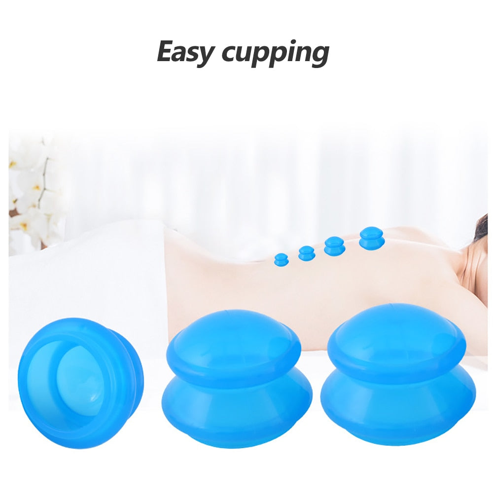 Set of 4 translucent blue vacuum cupping devices made from eco-friendly silicone, designed for full body massage and therapy.