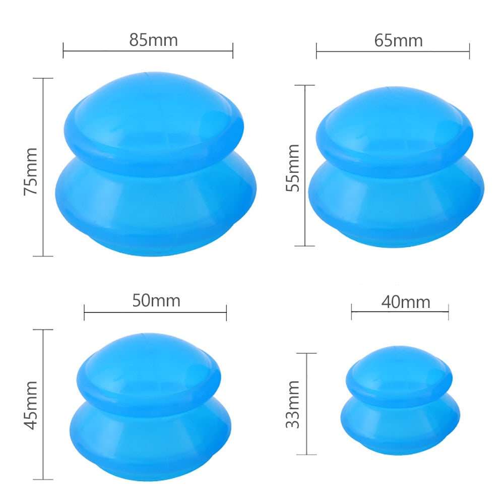 Set of 4 translucent blue vacuum cupping devices made from eco-friendly silicone, designed for full body massage and therapy.