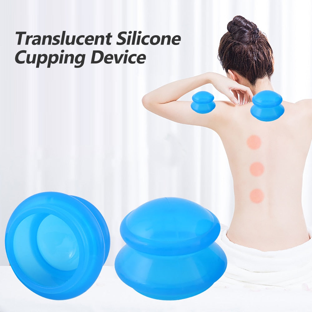 Set of 4 translucent blue vacuum cupping devices made from eco-friendly silicone, designed for full body massage and therapy.