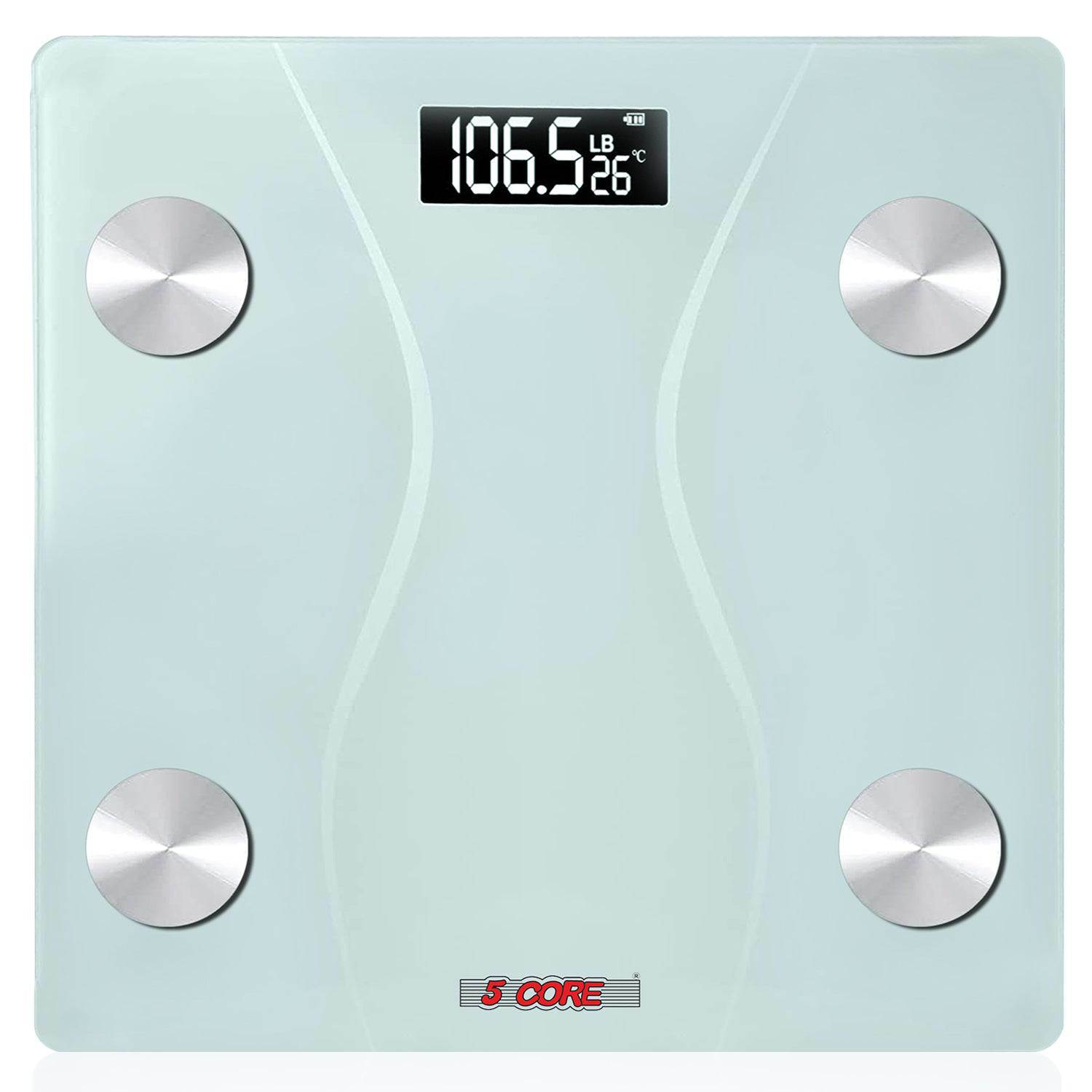 5 Core Rechargeable Digital Scale for Body Weight with a sleek tempered glass design and large LCD display, suitable for modern bathrooms.