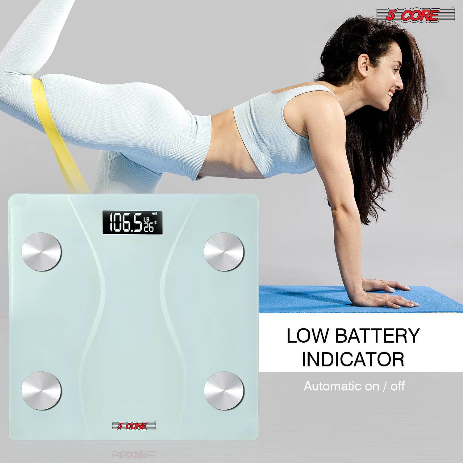 5 Core Rechargeable Digital Scale for Body Weight with a sleek tempered glass design and large LCD display, suitable for modern bathrooms.