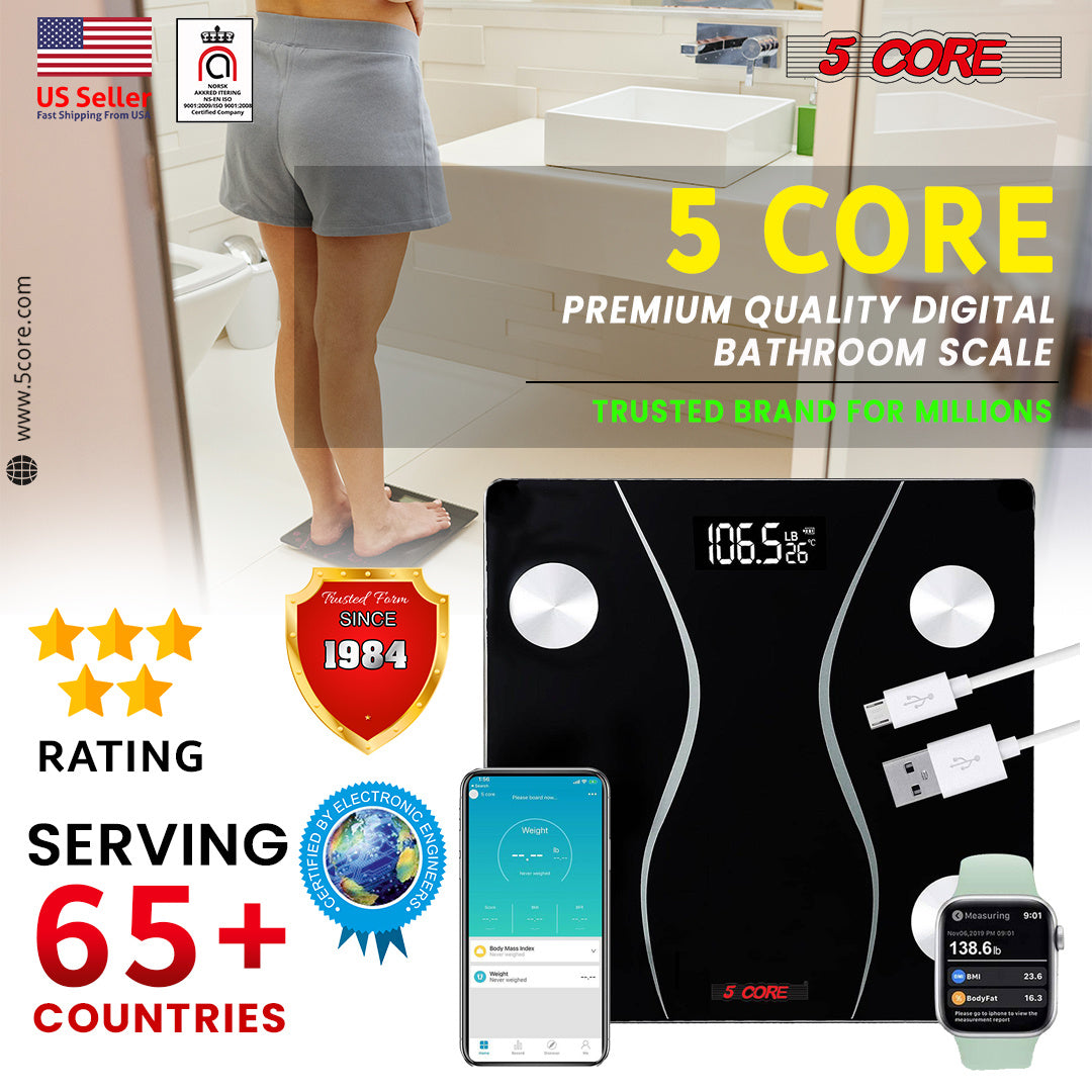 5 Core Rechargeable Digital Scale for Body Weight with a sleek tempered glass design and large LCD display, suitable for modern bathrooms.