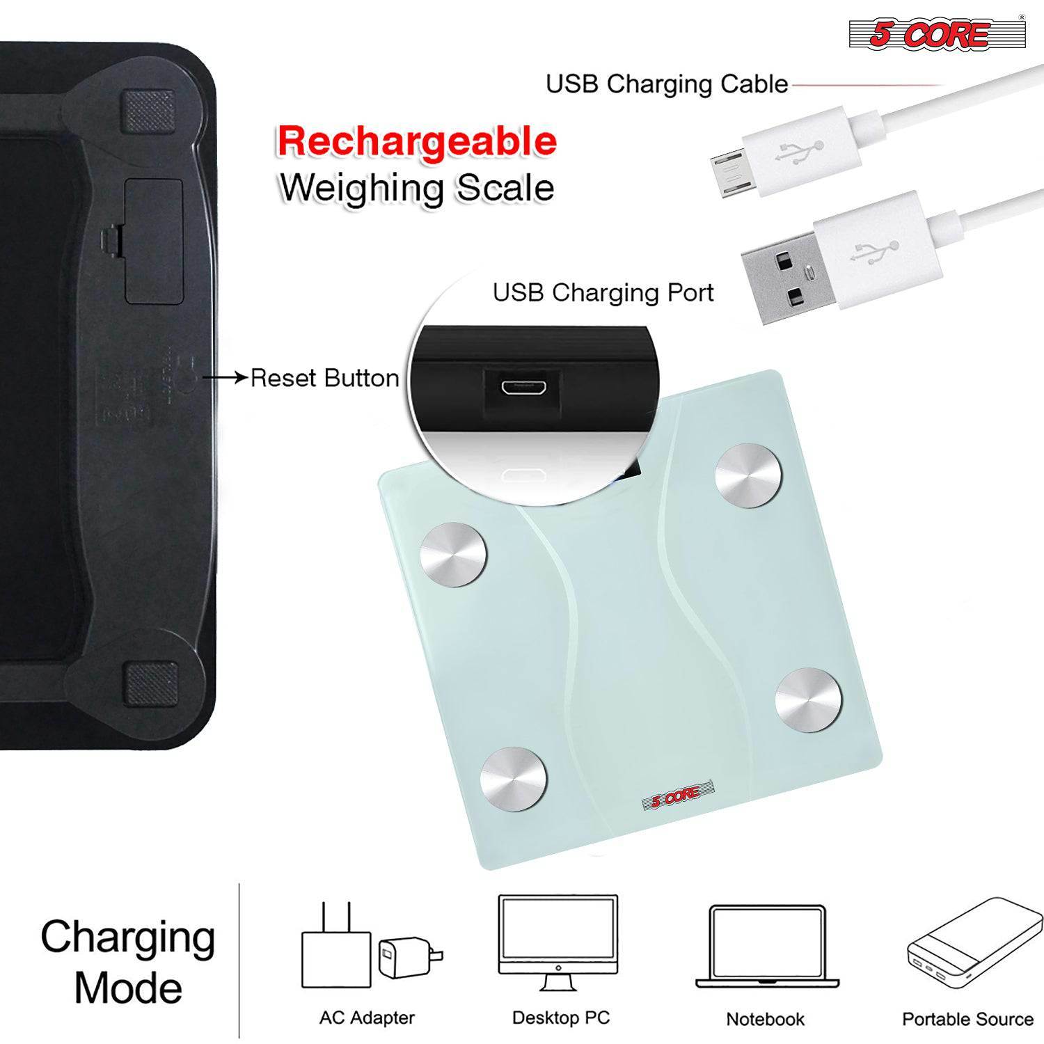 5 Core Rechargeable Digital Scale for Body Weight with a sleek tempered glass design and large LCD display, suitable for modern bathrooms.