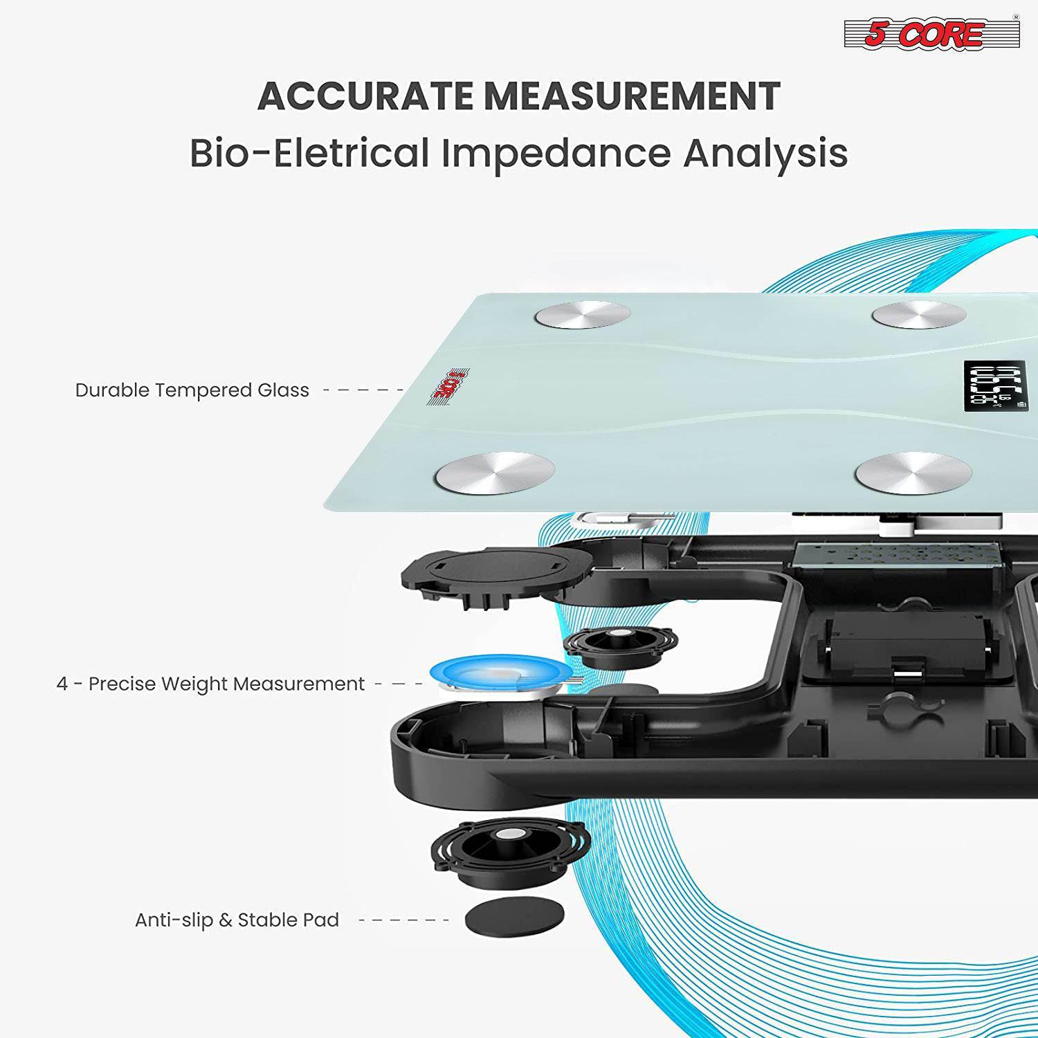 5 Core Rechargeable Digital Scale for Body Weight with a sleek tempered glass design and large LCD display, suitable for modern bathrooms.