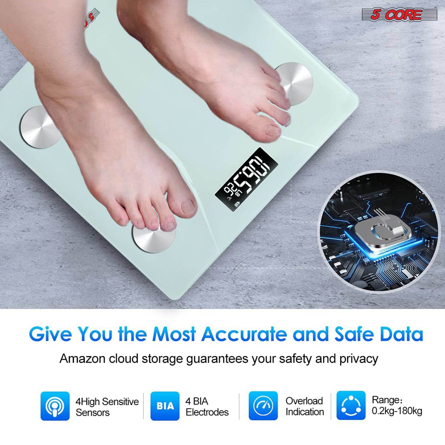 5 Core Rechargeable Digital Scale for Body Weight with a sleek tempered glass design and large LCD display, suitable for modern bathrooms.