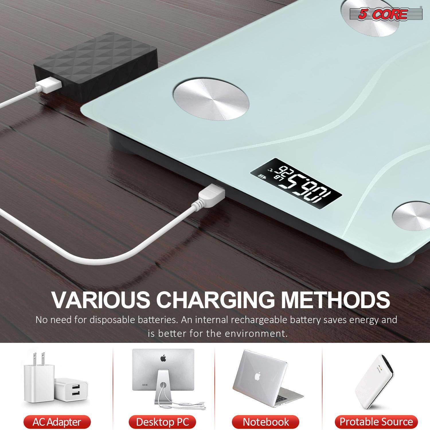 5 Core Rechargeable Digital Scale for Body Weight with a sleek tempered glass design and large LCD display, suitable for modern bathrooms.