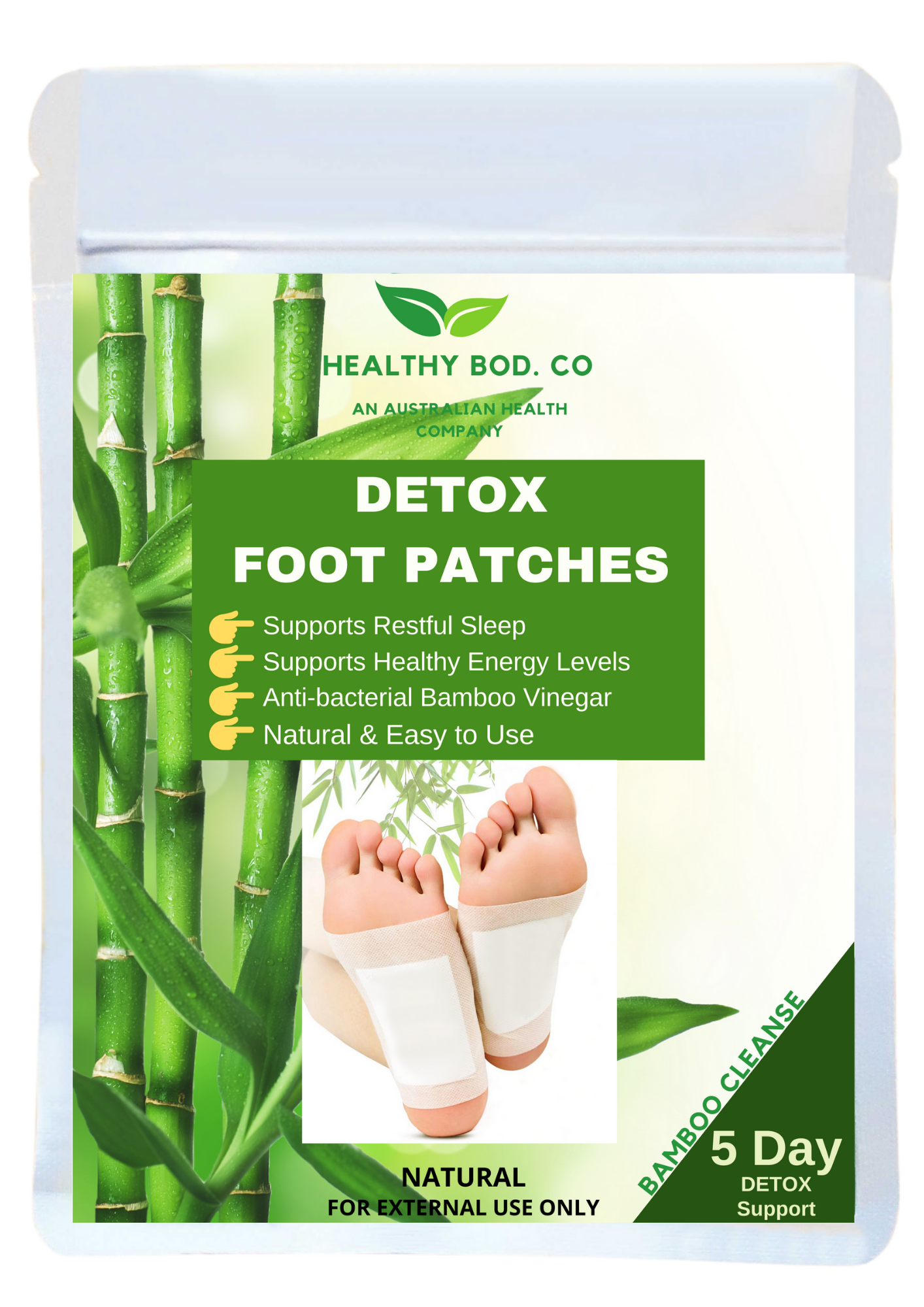 5 Day Detox Foot Patches displayed on a white background, showcasing their natural ingredients and packaging.