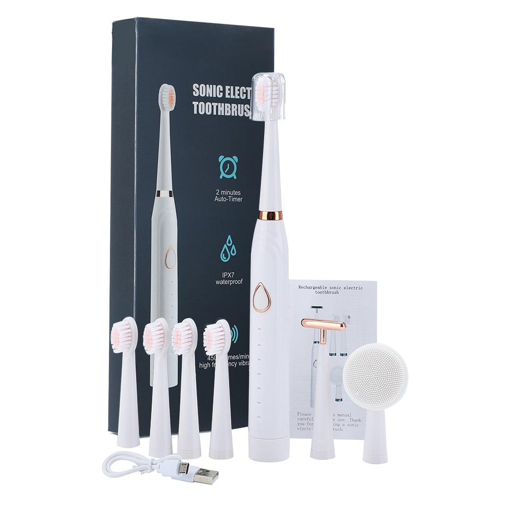 7 in 1 Electric Toothbrush with multiple accessories including toothbrush heads, cleansing brush, and massage stick, designed for dental and facial care.