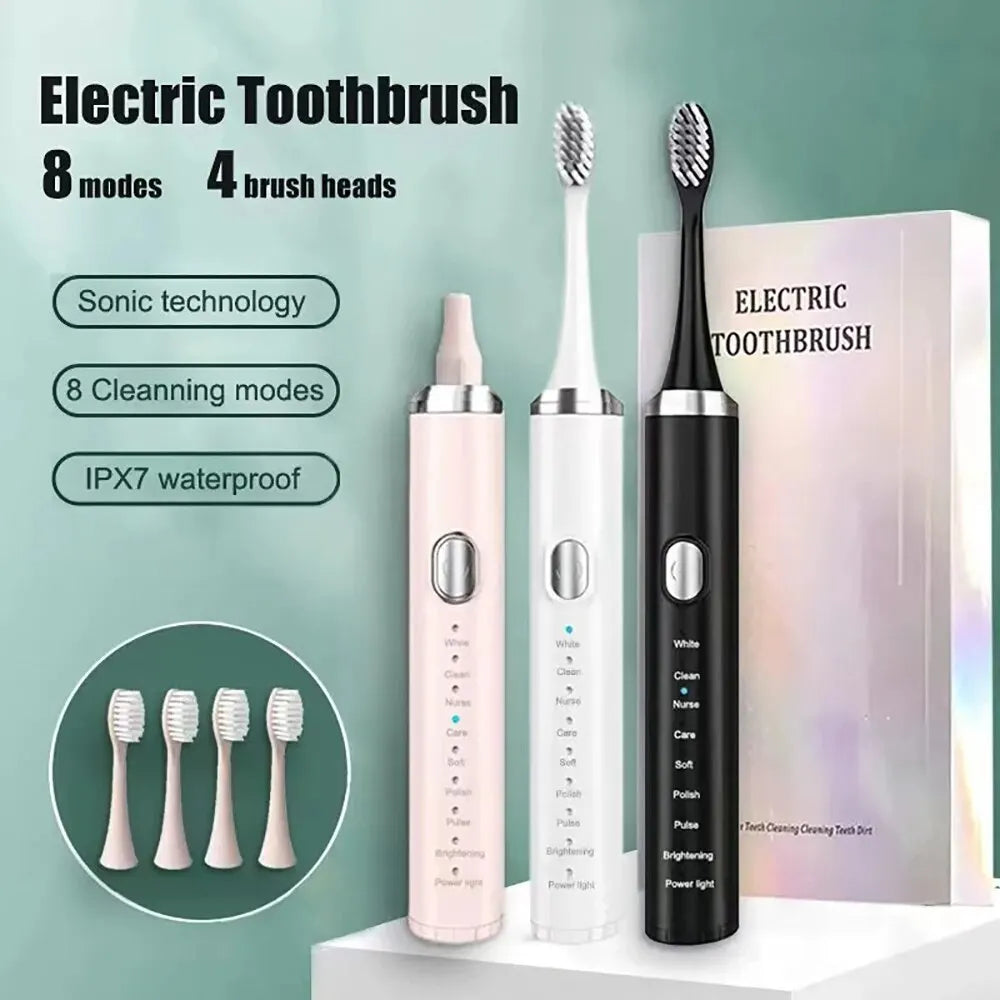 8 Speed Sonic Electric Toothbrush with 4 brush heads and USB charging, designed for effective oral care.