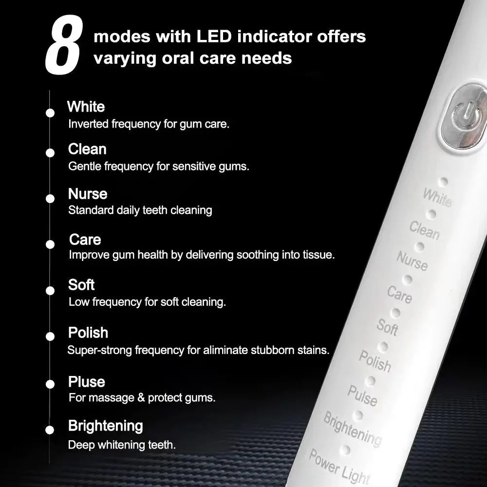 8 Speed Sonic Electric Toothbrush with 4 brush heads and USB charging, designed for effective oral care.