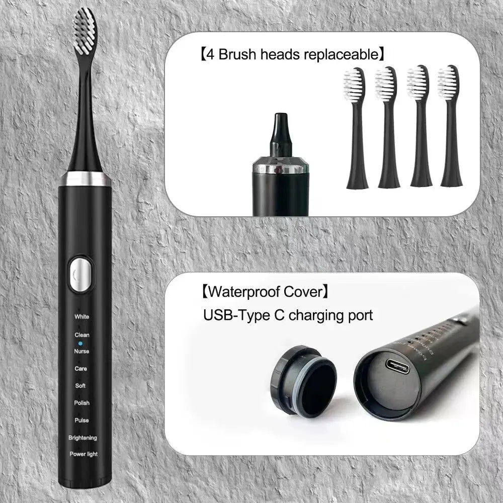 8 Speed Sonic Electric Toothbrush with 4 brush heads and USB charging, designed for effective oral care.