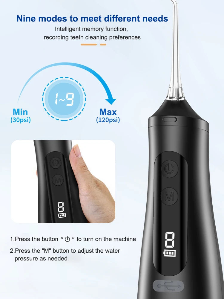 9Mode Portable Oral Irrigator with smart display and detachable water tank, designed for effective dental care.