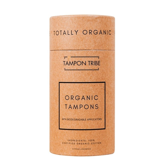 A tube of mixed organic cotton tampons, featuring 14 tampons in various absorbencies, packaged in a recycled cardboard tube.