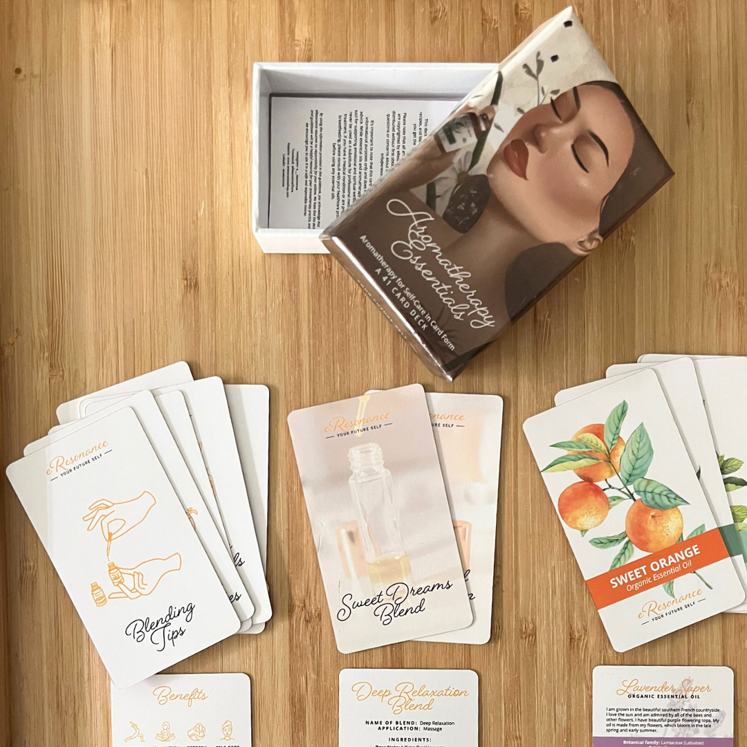 Aromatherapy Essentials Deck featuring beautifully designed cards with essential oil information and recipes for wellness.