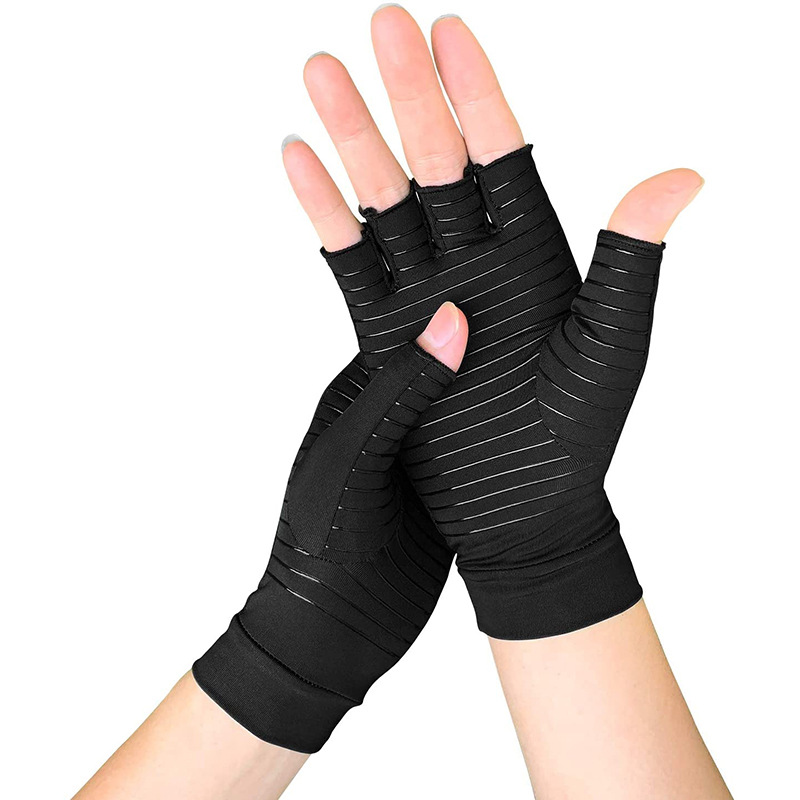 Black fingerless compression gloves.