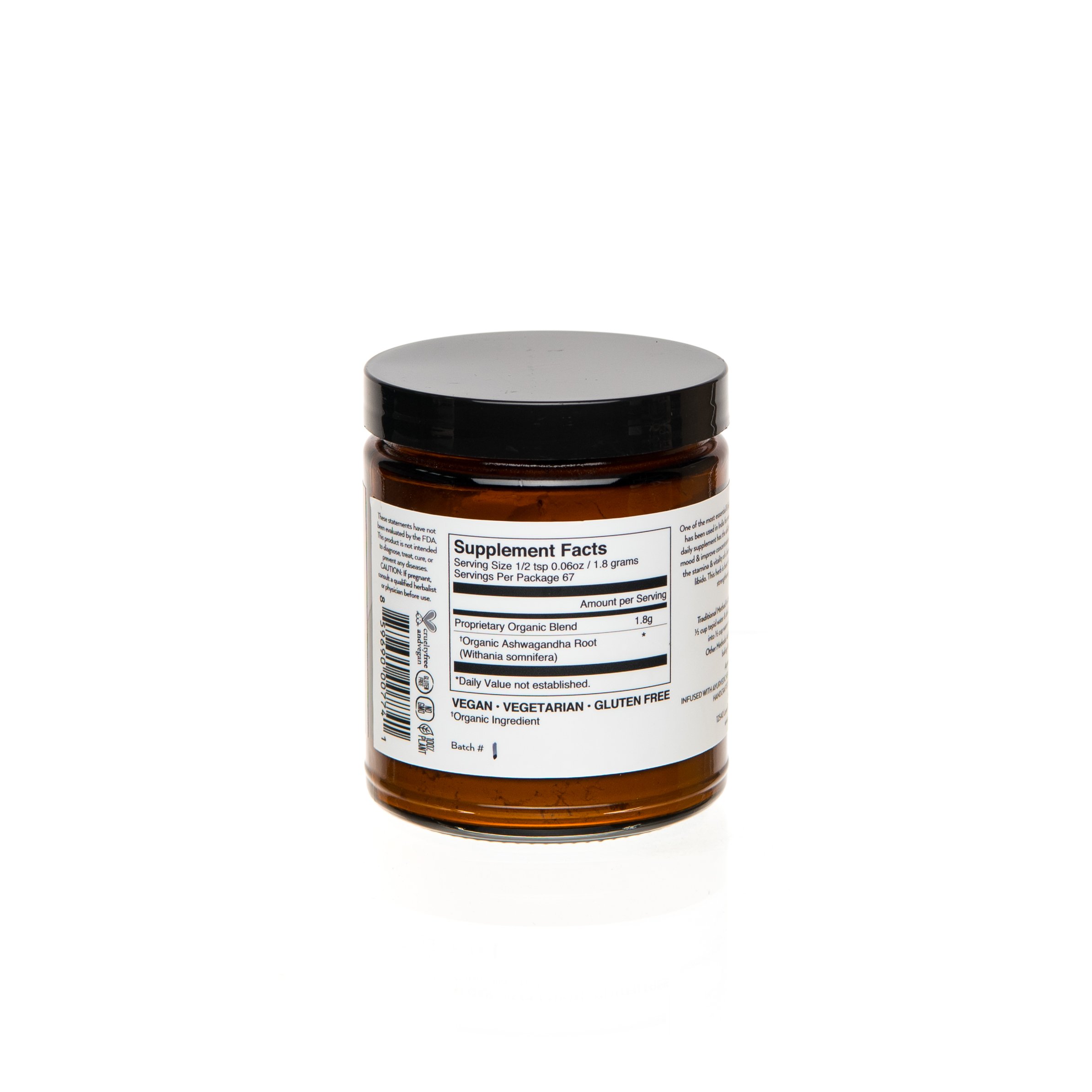 A 9 oz glass jar of Ashwagandha root powder, showcasing its earthy color and texture, symbolizing its Ayurvedic heritage and health benefits.