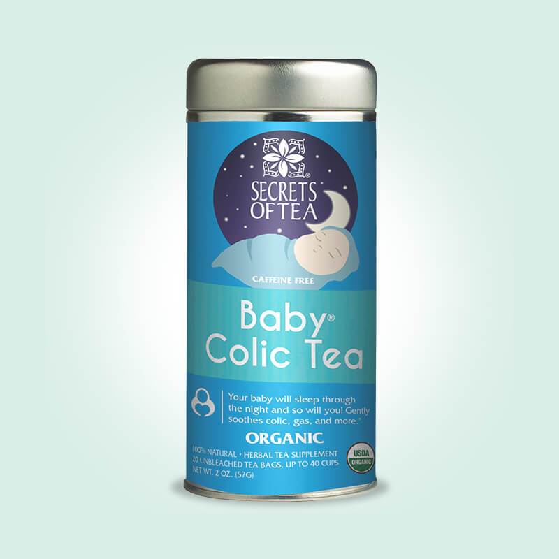 A box of Baby Colic Tea featuring organic ingredients designed for soothing colic and gas in infants.