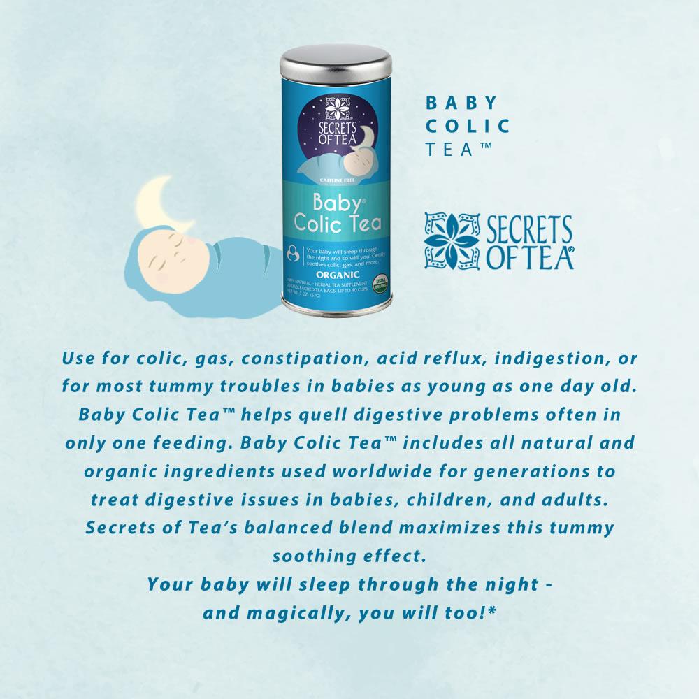 A box of Baby Colic Tea featuring organic ingredients designed for soothing colic and gas in infants.