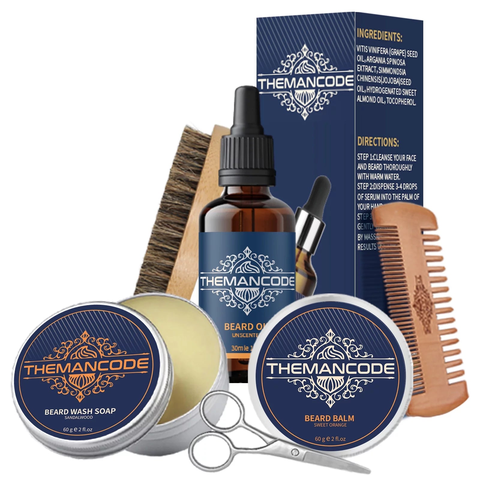 Beard Grooming Kit featuring beard oil, balm, wash soap, comb, brush, and scissors arranged neatly in a stylish package.