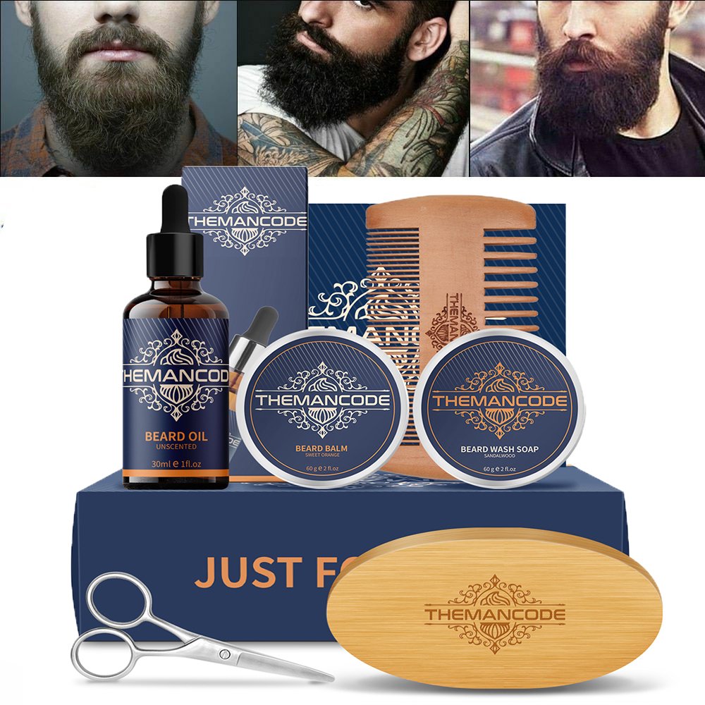 Beard Grooming Kit featuring beard oil, balm, wash soap, comb, brush, and scissors arranged neatly in a stylish package.