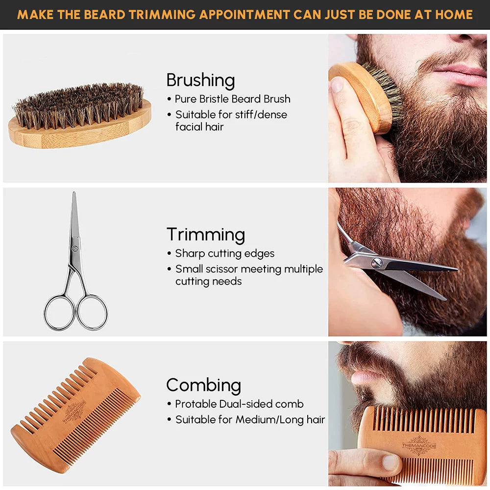 Beard Grooming Kit featuring beard oil, balm, wash soap, comb, brush, and scissors arranged neatly in a stylish package.