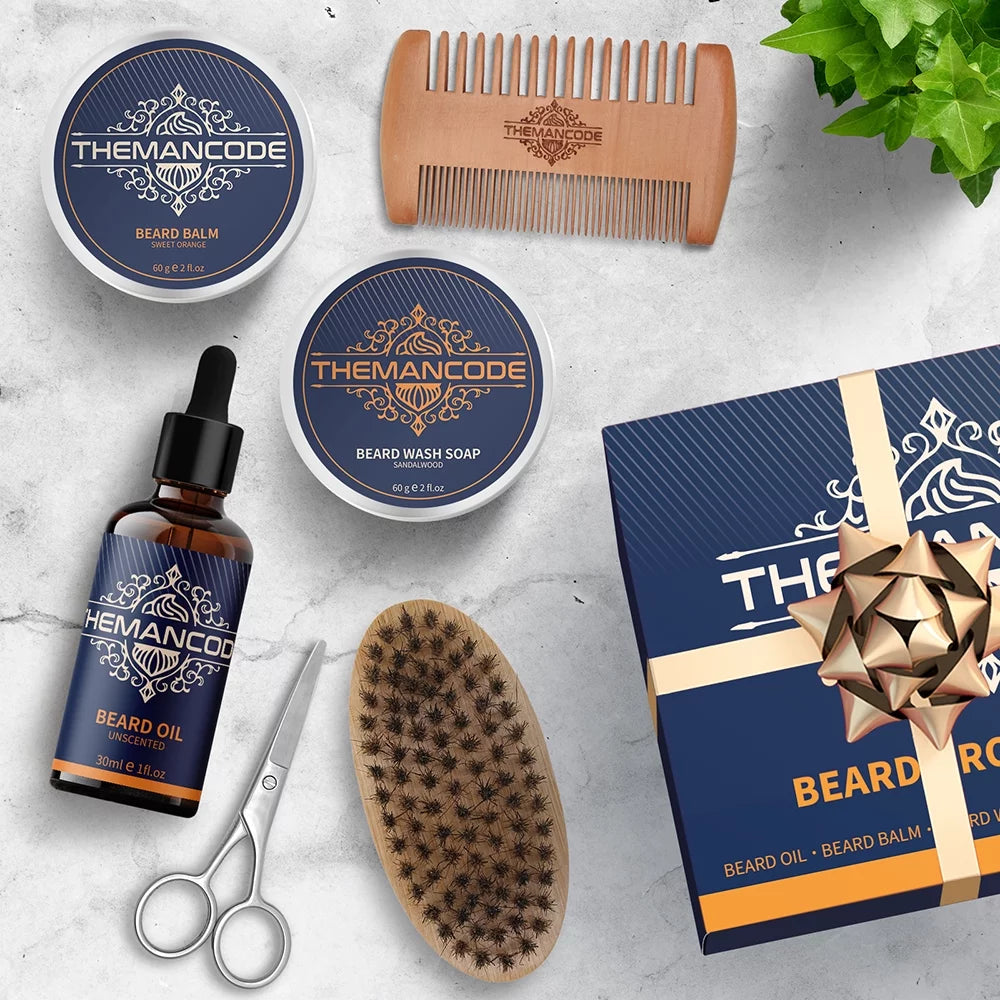 Beard Grooming Kit featuring beard oil, balm, wash soap, comb, brush, and scissors arranged neatly in a stylish package.