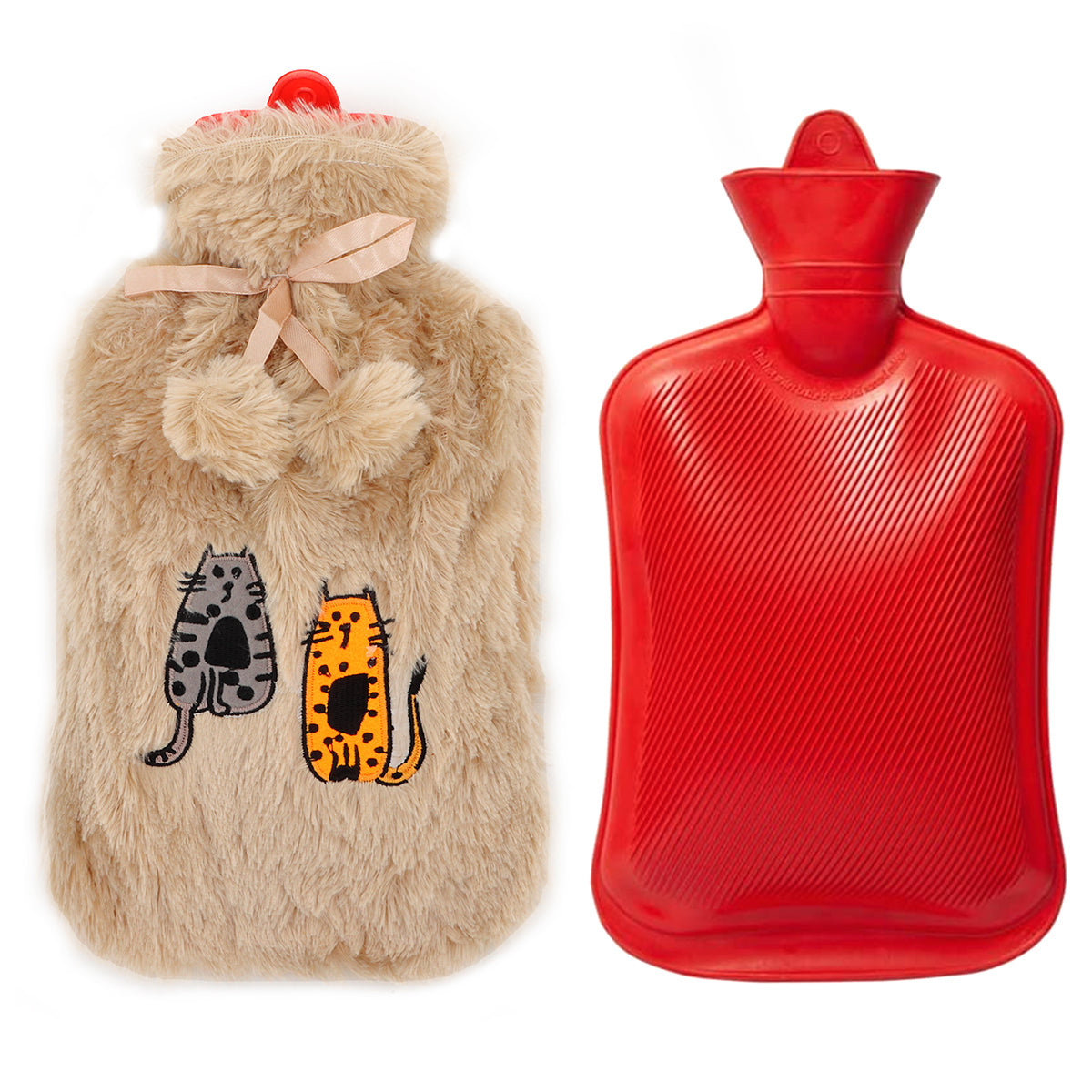 BiggDesign Katzen Wärmflasche in Beige mit Plüschbezug und Gummiwasserbeutel, ideal für Wärme und Schmerzlinderung.