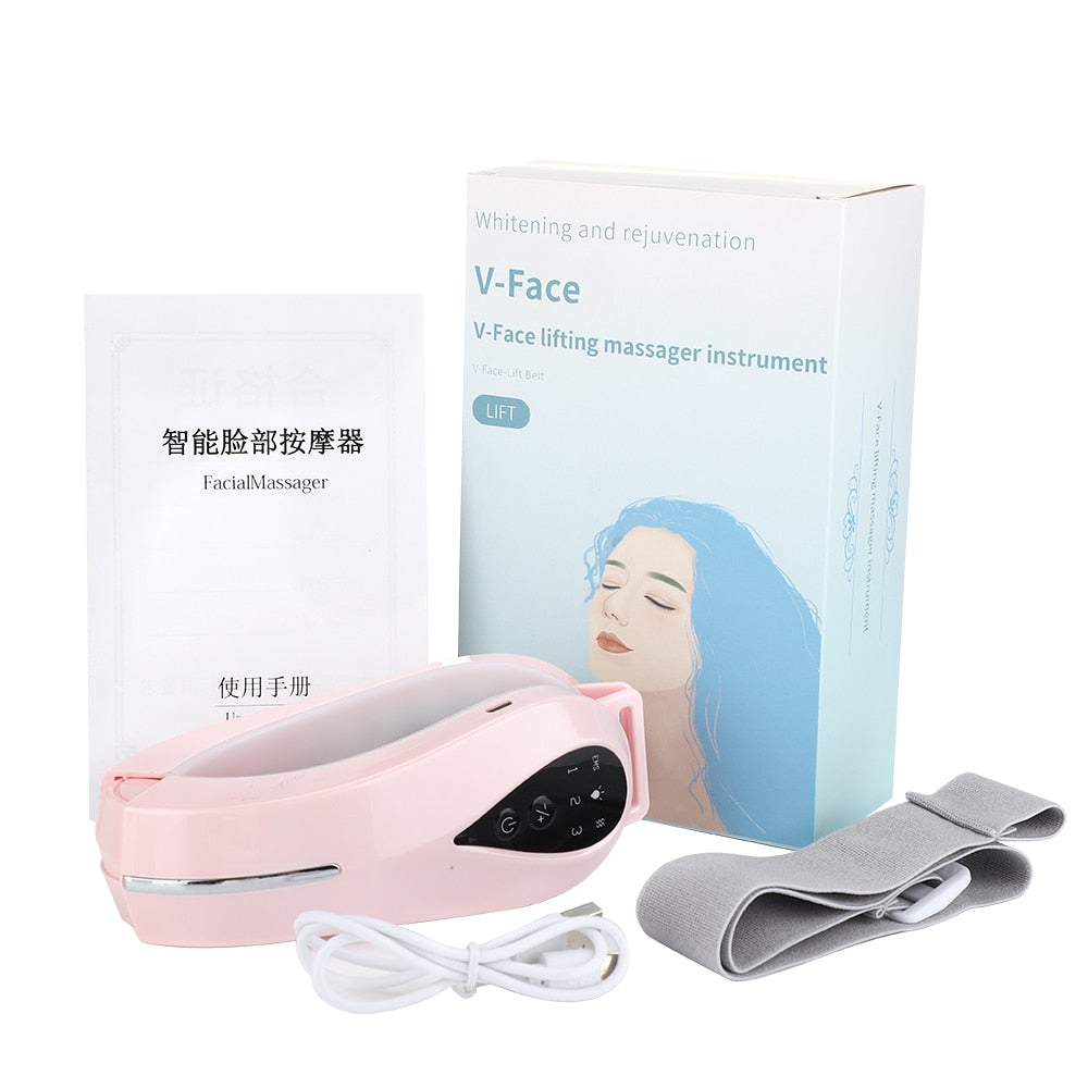 Chin V-Line Up Lift Belt Machine in pink and white, showcasing its ergonomic design and blue LED lights for facial lifting and slimming.