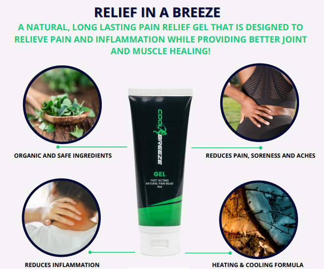 Cool Breeze Pain Relief Gel in a 4oz tube, featuring a sleek design and natural ingredient label, ideal for soothing sore muscles and joints.