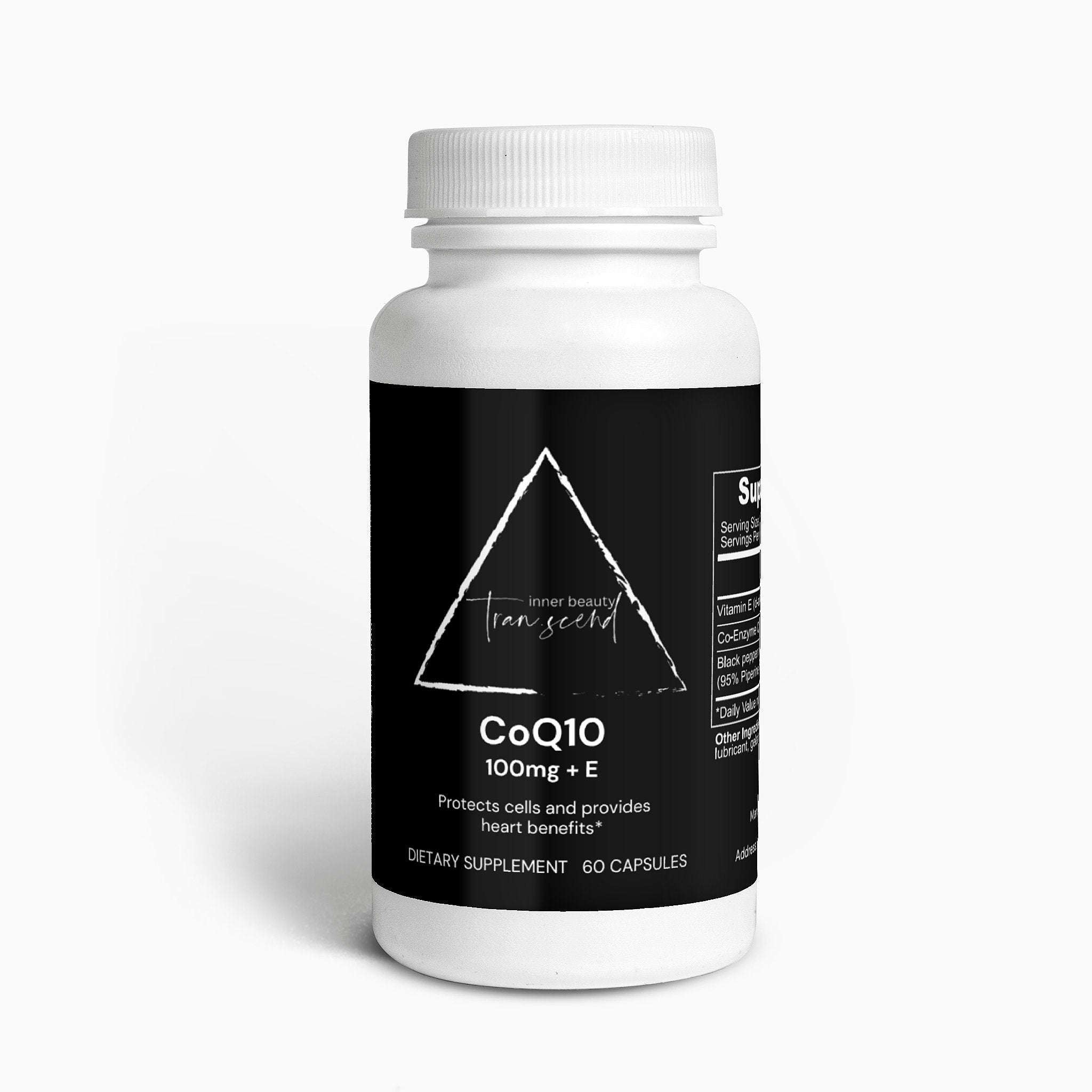 CoQ10 100 mg Plus E dietary supplement bottle with capsules, featuring a label highlighting energy support and enhanced absorption.