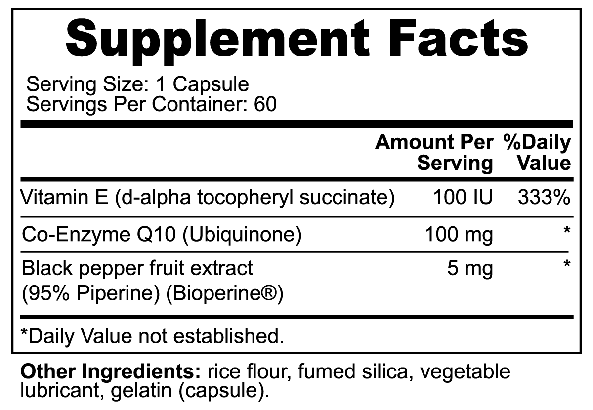 CoQ10 100 mg Plus E dietary supplement bottle with capsules, featuring a label highlighting energy support and enhanced absorption.