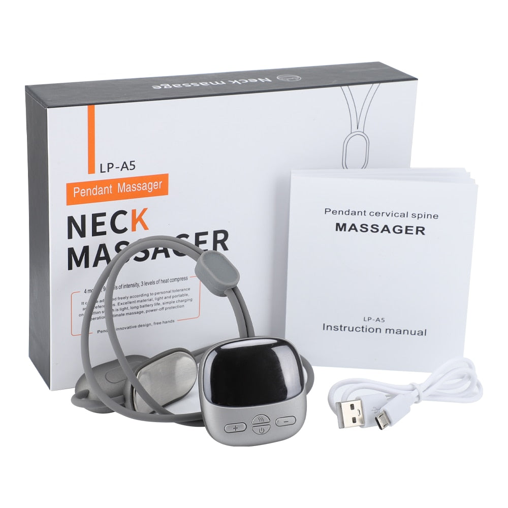 Cordless Neck Massager in silver color, featuring ergonomic design and adjustable settings for deep tissue massage and heat therapy.