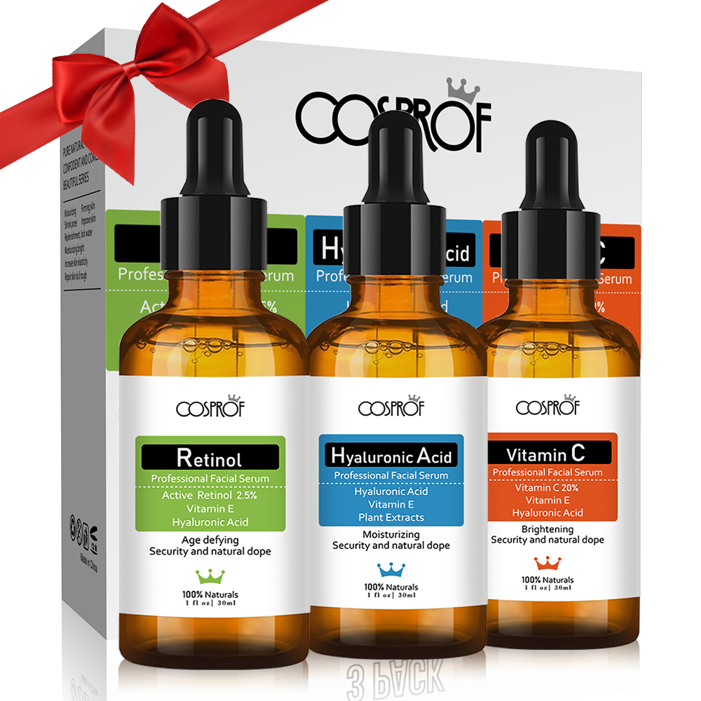 Cosprof 3Pcs Vitamin C Hyaluronic Acid Retinol Serum Skin Care Set featuring three bottles of serums in a stylish arrangement.