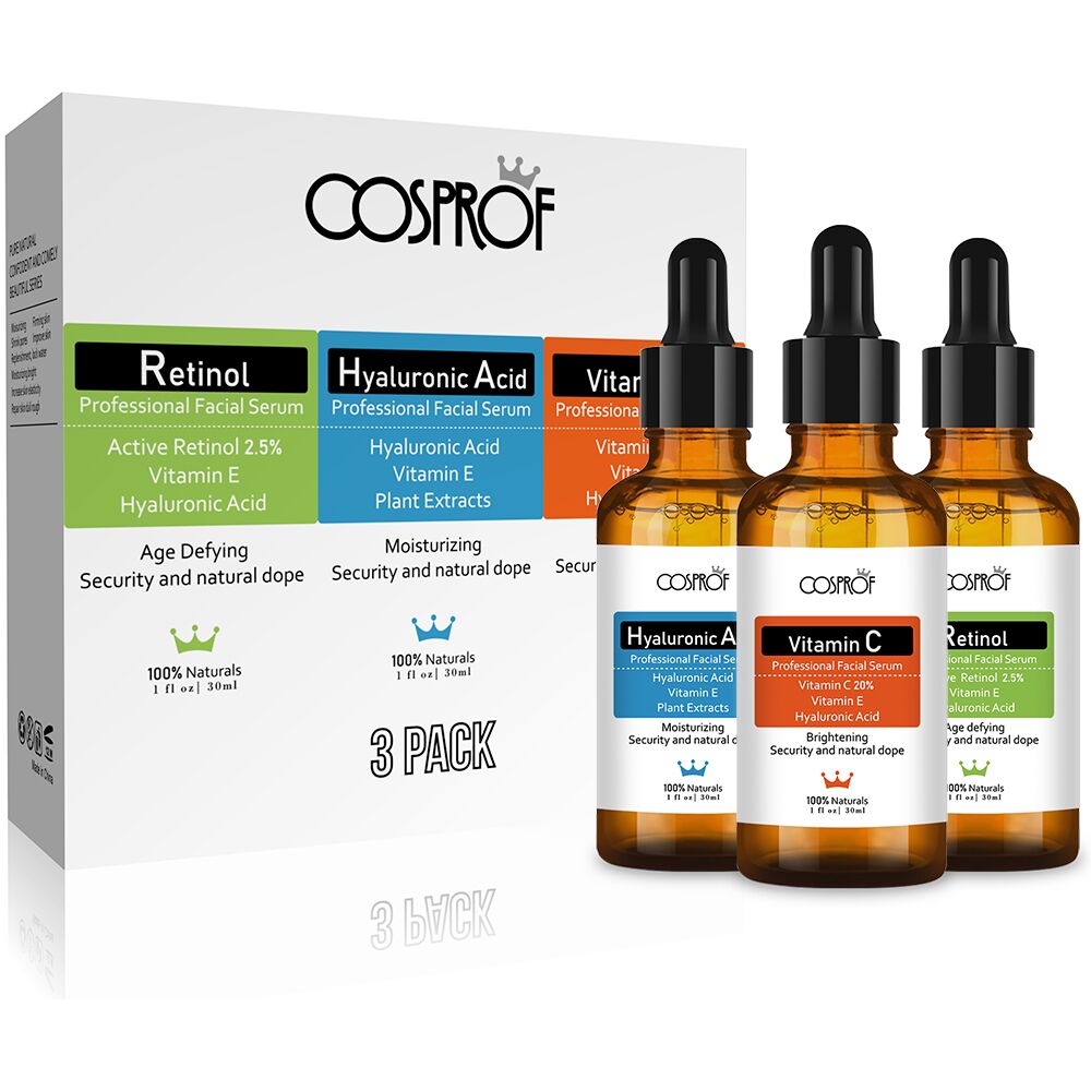 Cosprof 3Pcs Vitamin C Hyaluronic Acid Retinol Serum Skin Care Set featuring three bottles of serums in a stylish arrangement.