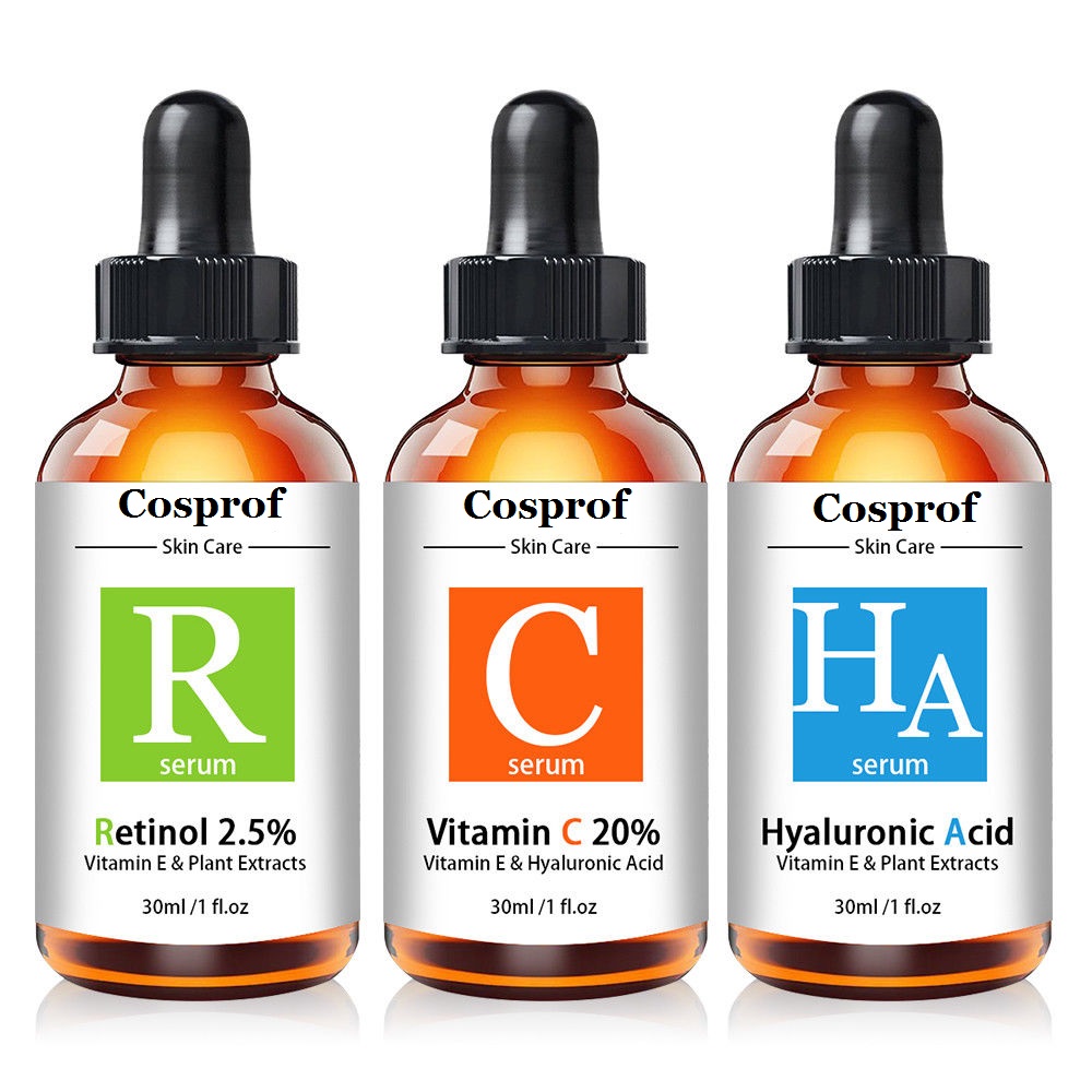 Cosprof 3Pcs Vitamin C Hyaluronic Acid Retinol Serum Skin Care Set featuring three bottles of serums in a stylish arrangement.