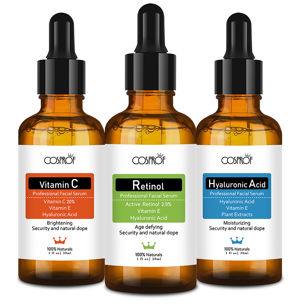 Cosprof 3Pcs Vitamin C Hyaluronic Acid Retinol Serum Skin Care Set featuring three bottles of serums in a stylish arrangement.