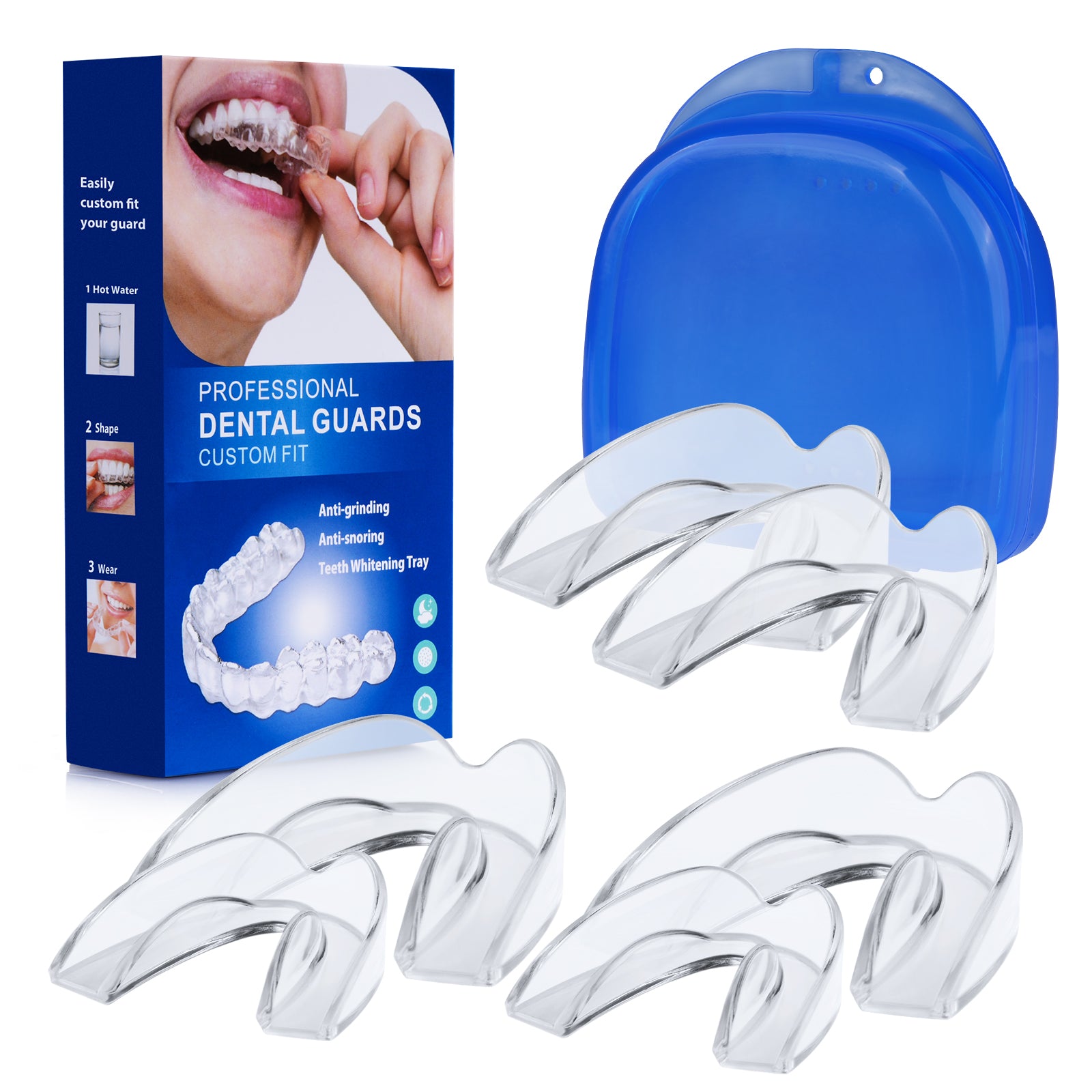 Dental Mouth Guard designed for clenching teeth at night, featuring a compact design and protective case for safe storage.