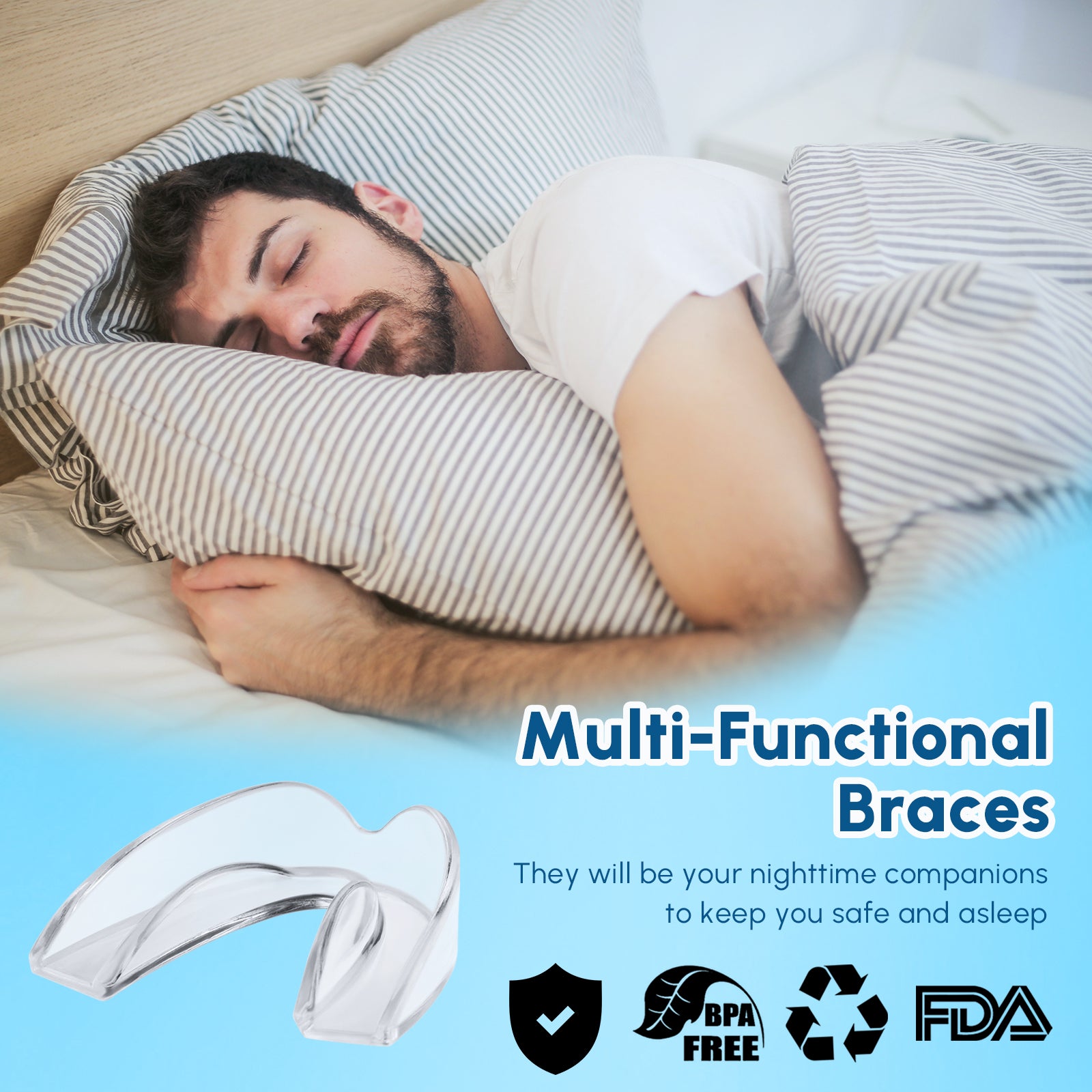 Dental Mouth Guard designed for clenching teeth at night, featuring a compact design and protective case for safe storage.